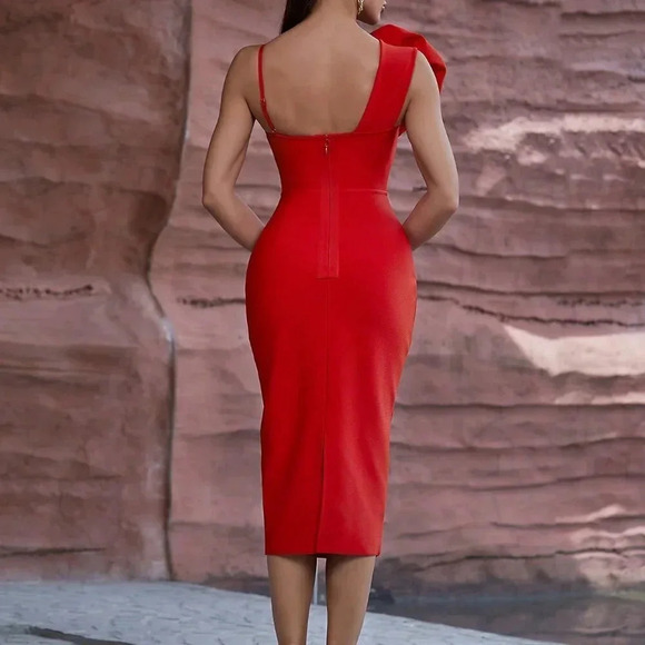 Red Women's Floral Sculptural bodycon Bandage Party midi Dress - Picture 2 of 3